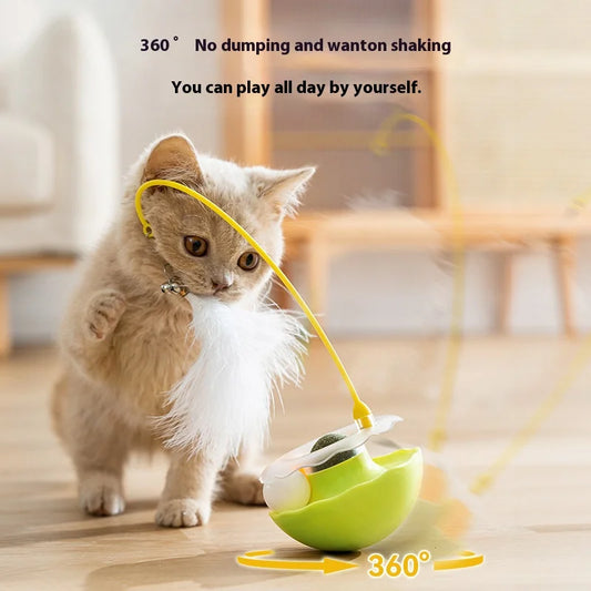 Cat Tumbler Toy With Teaser Stick Feather Bell Catnip Ball
