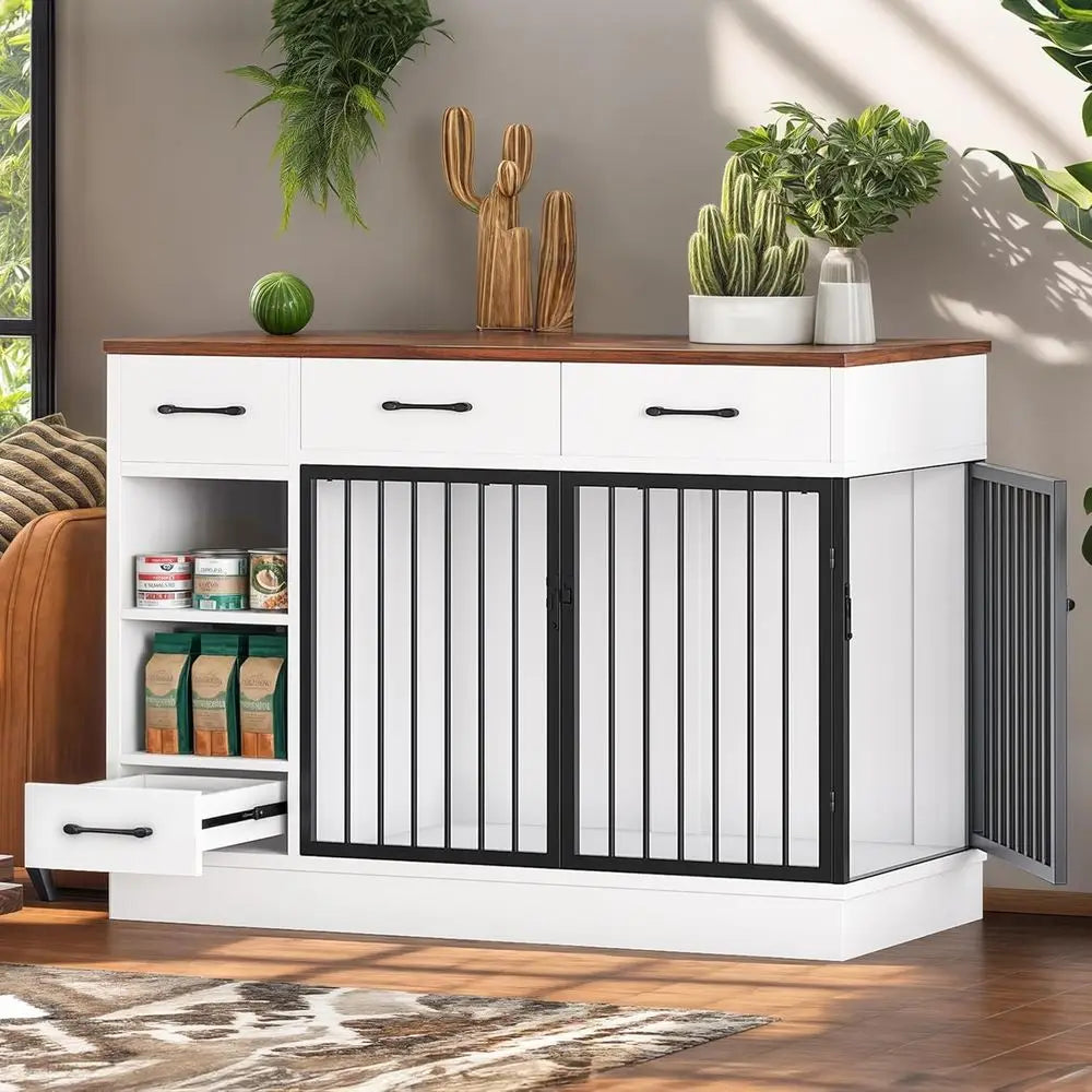 Wooden Dog Crate With Storage Drawers And Hidden Bowl Shelf