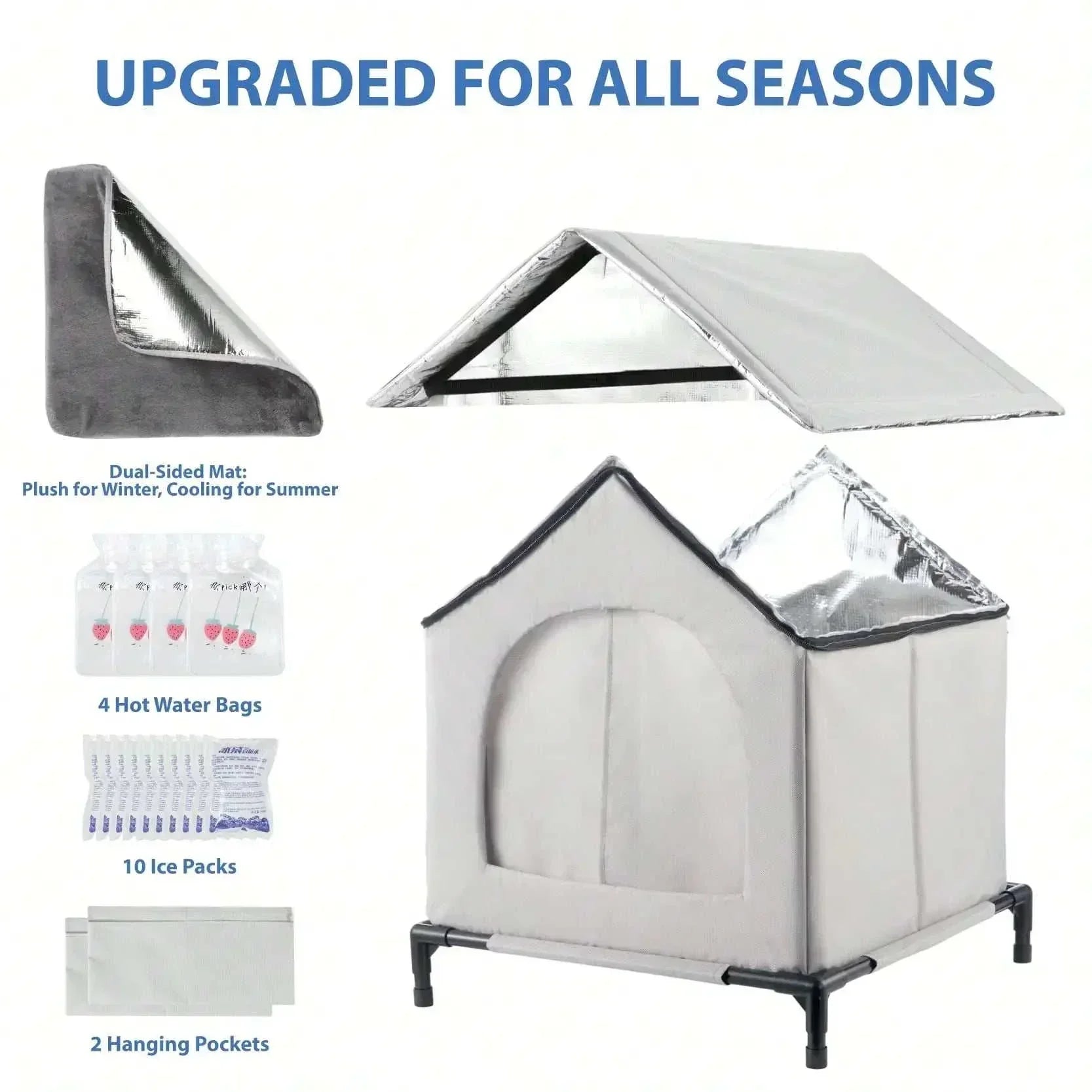 All-Season Waterproof Cat House with Ice Packs Heating Bags, Foldable Shelter for Indoor & Outdoor Use, Available in 3 Sizes