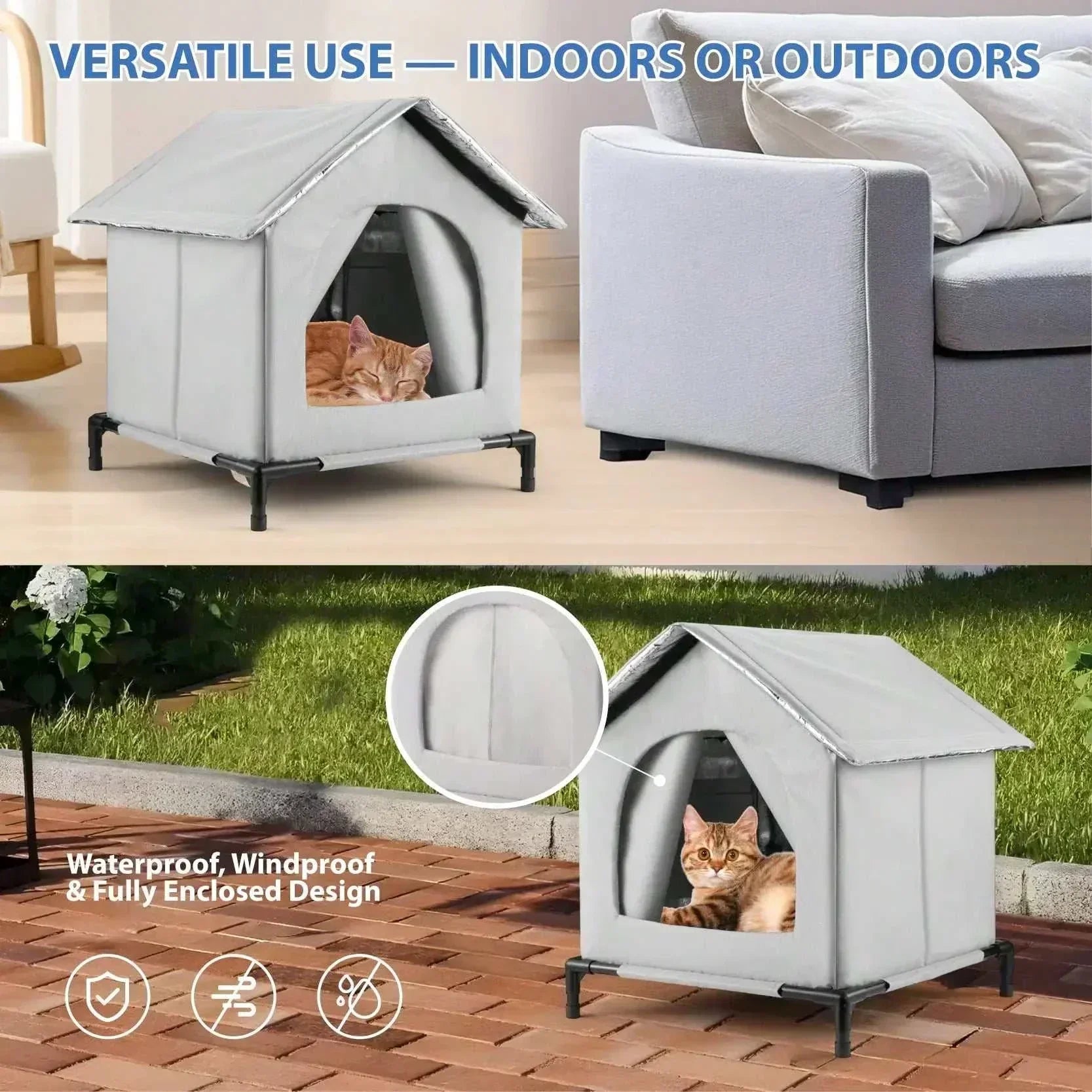 All-Season Waterproof Cat House with Ice Packs Heating Bags, Foldable Shelter for Indoor & Outdoor Use, Available in 3 Sizes