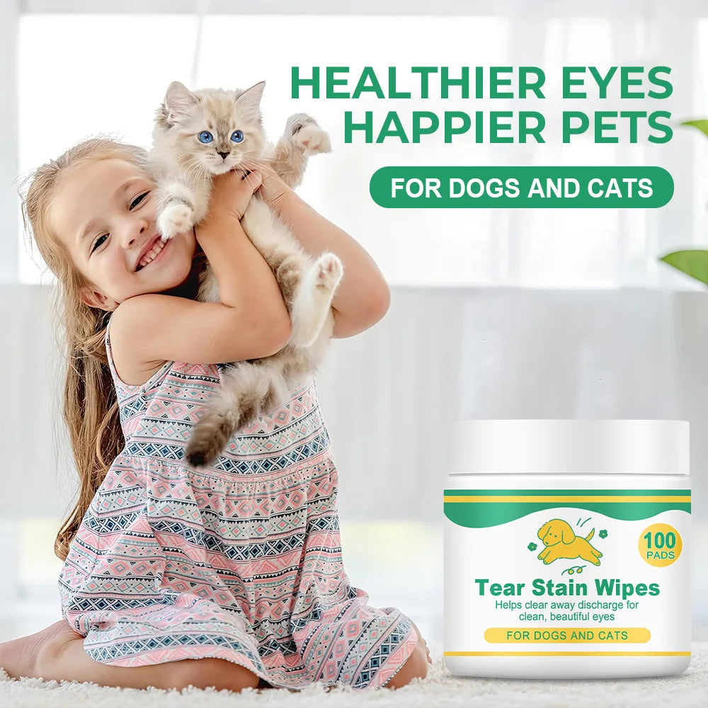 Pet Tear Stain Wipes, 100 Pads, Gently Cleans Eyes & Removes Stains for Dogs and Cats, Vitamin Infused