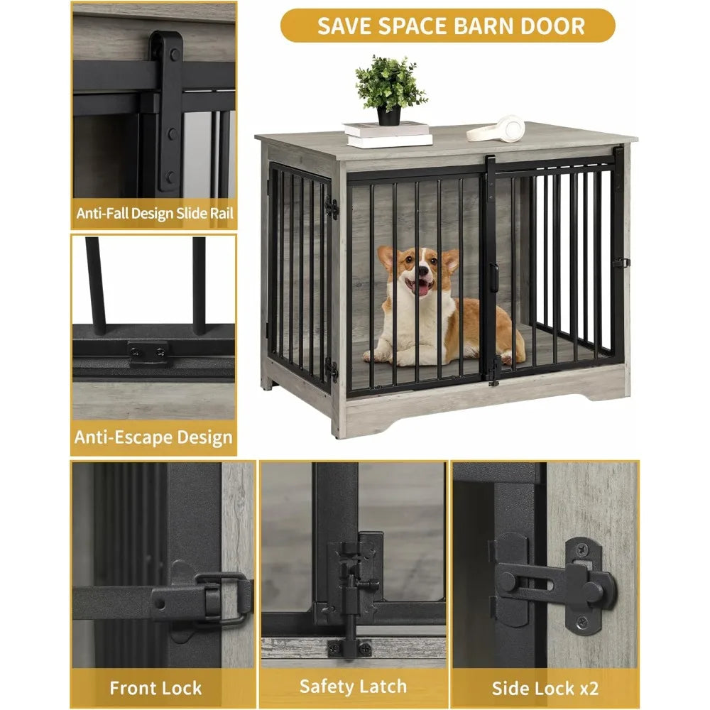 Sturdy Wooden Dog Crate Furniture With Double Doors For Medium And Small Dogs Indoor Pet Cage End Table