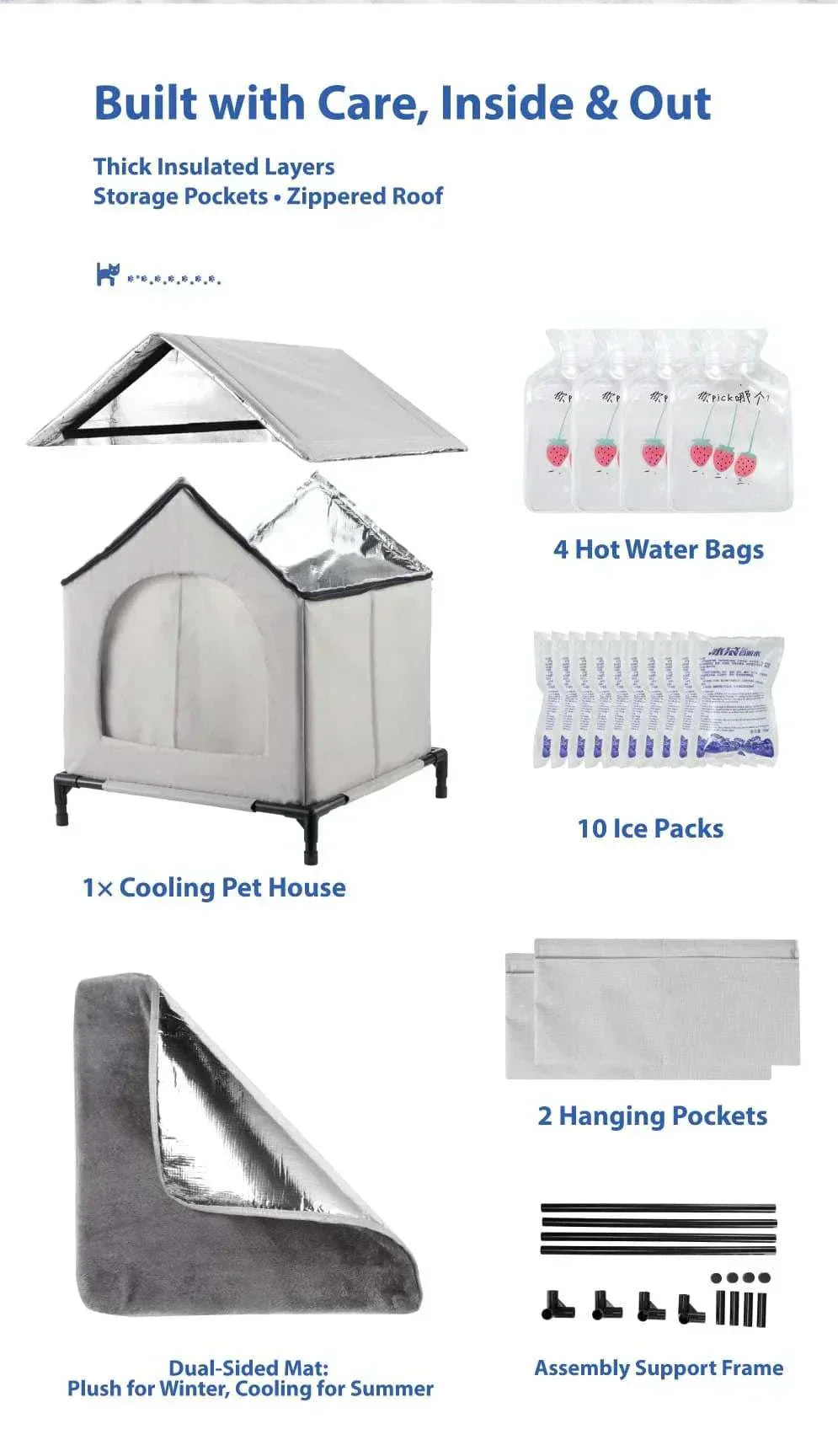 All-Season Waterproof Cat House with Ice Packs Heating Bags, Foldable Shelter for Indoor & Outdoor Use, Available in 3 Sizes