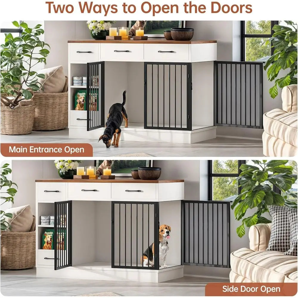 Wooden Dog Crate With Storage Drawers And Hidden Bowl Shelf