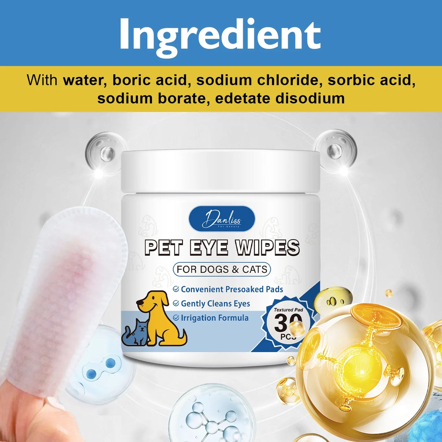 30pcs Thickened Pet Eye Cleaning Wipes, Gentle Tear Stain Remover Wipes for Dogs and Cats, Pet Eye And Foot Wash Pads Pet Wipes
