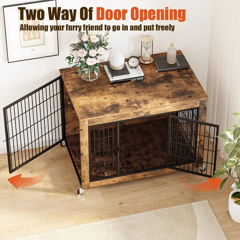 Double Door Wooden Dog Crate With Wheels And Cushion