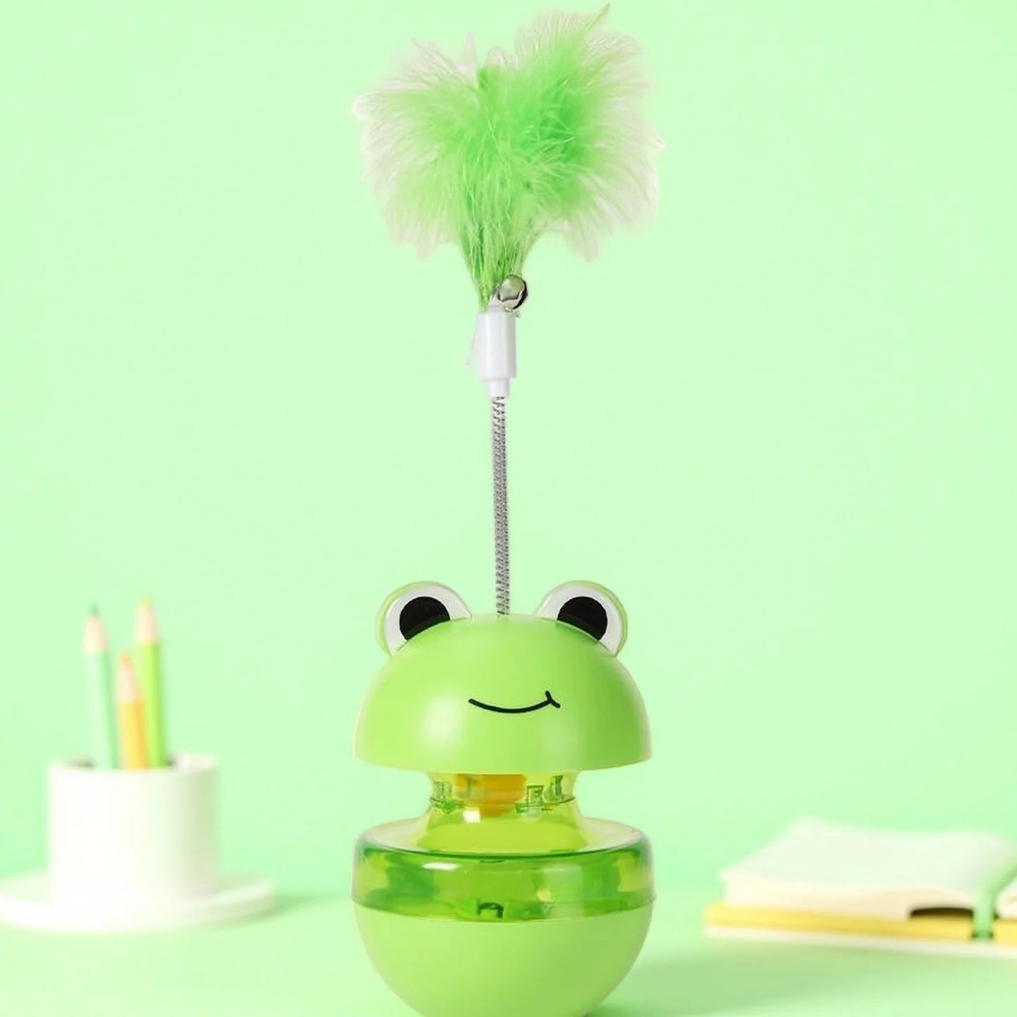 Frog Wobbler Cat Toy Spin Treat Dispenser With Feather Teaser