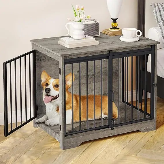 Sturdy Wooden Dog Crate Furniture With Double Doors For Medium And Small Dogs Indoor Pet Cage End Table