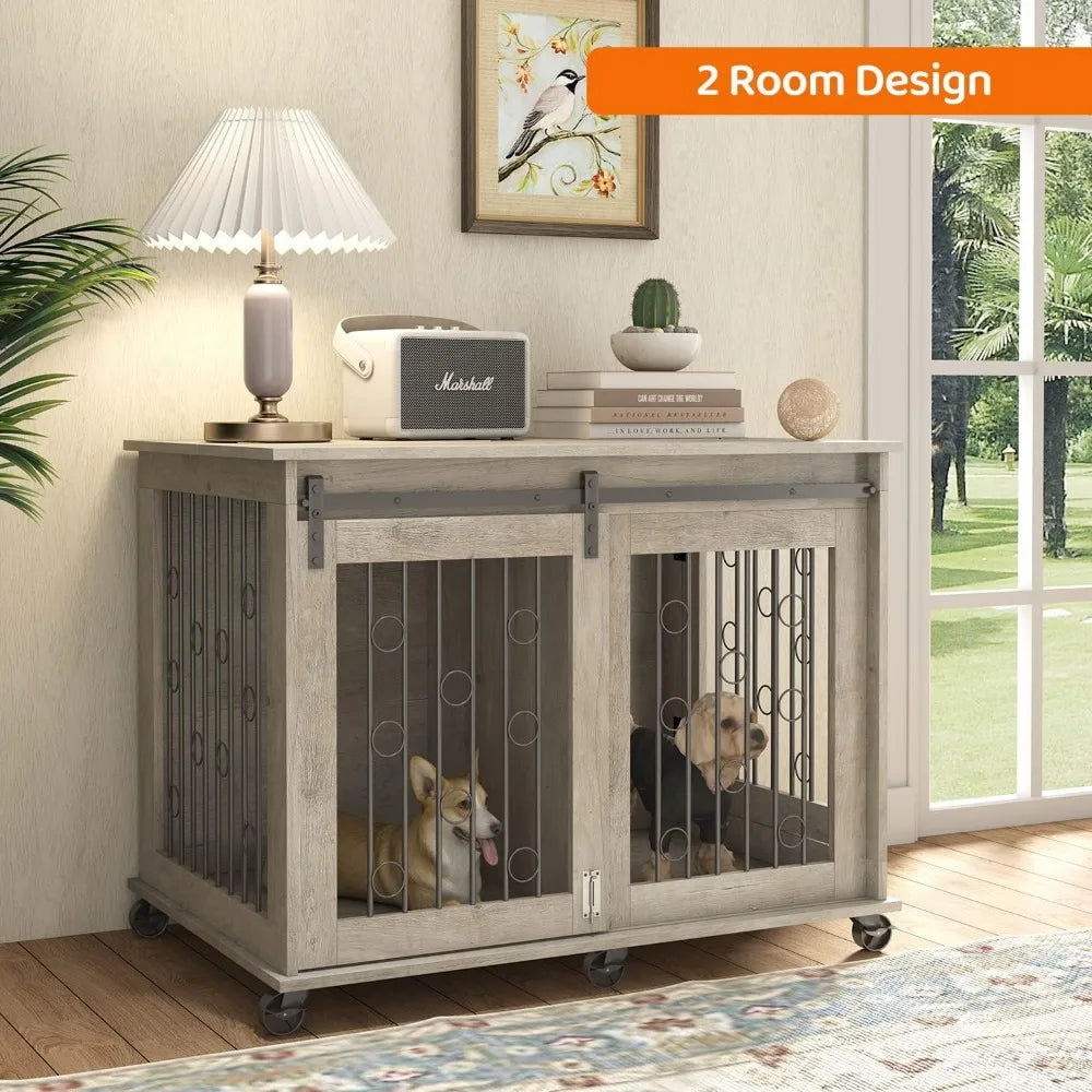 Lockable Dog Crate End Table With Sliding Door Wheels