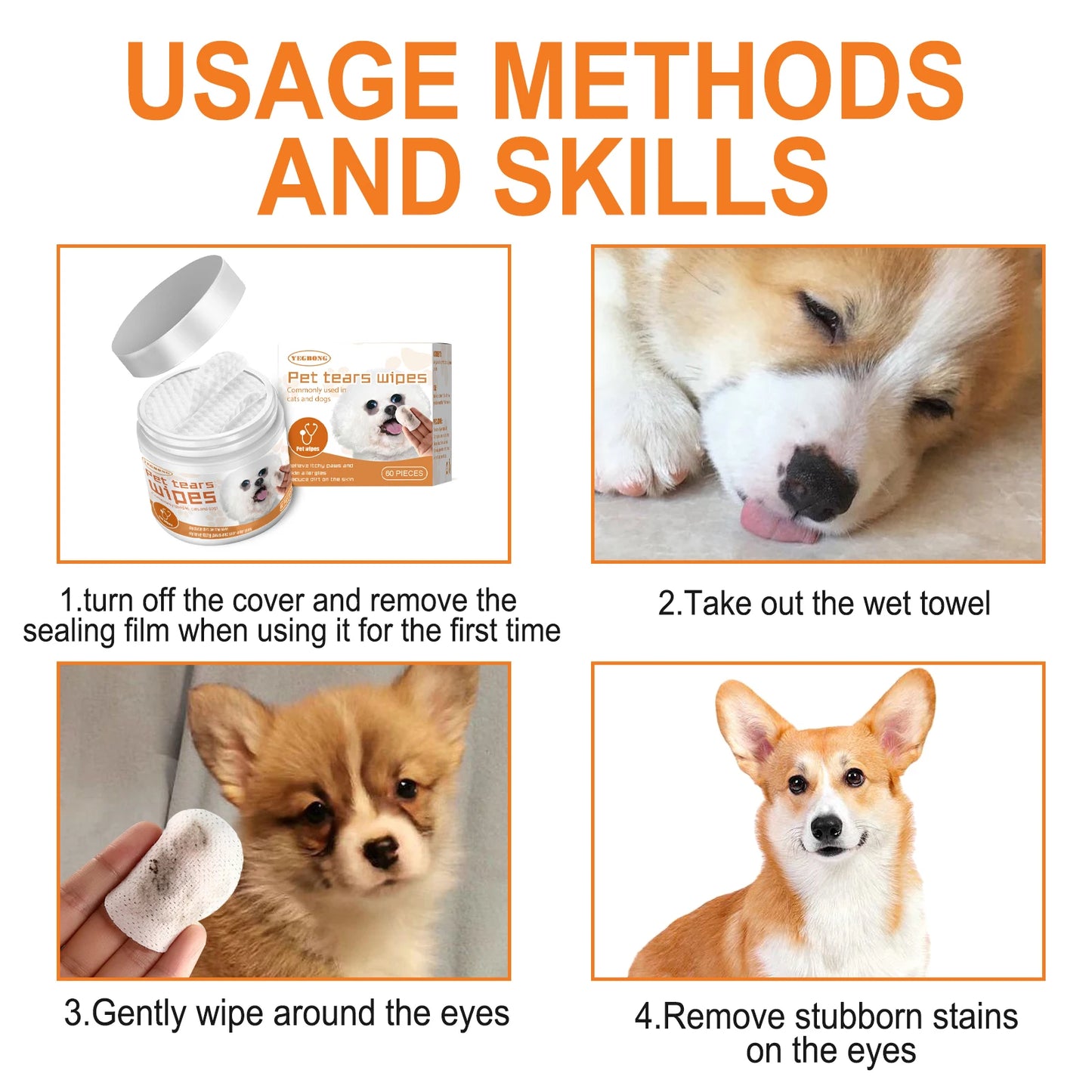 Pet Eye Cleaning Wipe Quickly Removing Tear Mark Stain Whitening Relieve Eye Discomfort Eliminate Odor Pets Grooming Wet Tissues