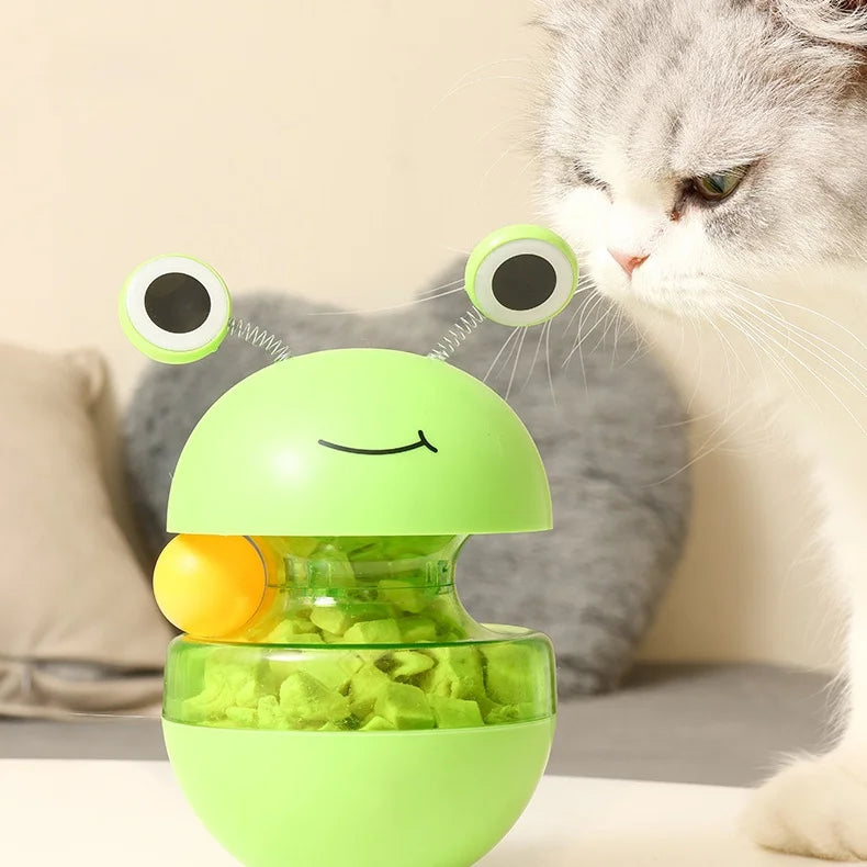 Frog Wobbler Cat Toy Spin Treat Dispenser With Feather Teaser