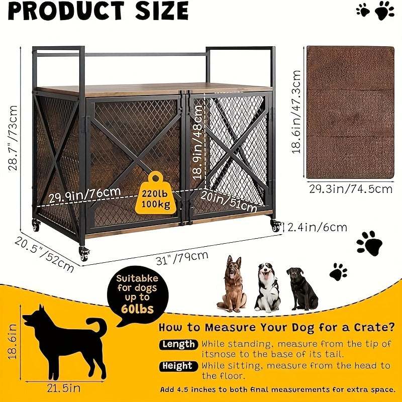 Heavy-Duty Large Dog Crate Kennel Cage Suitable for Large Dogs - 31-Inch XL Indoor Wood Crate with Lockable Wheels, X-Frame Reinforced Door & -Chew Metal Bars, Spacious Pet House Furniture for Mastiffs, German Shepherads, Hus