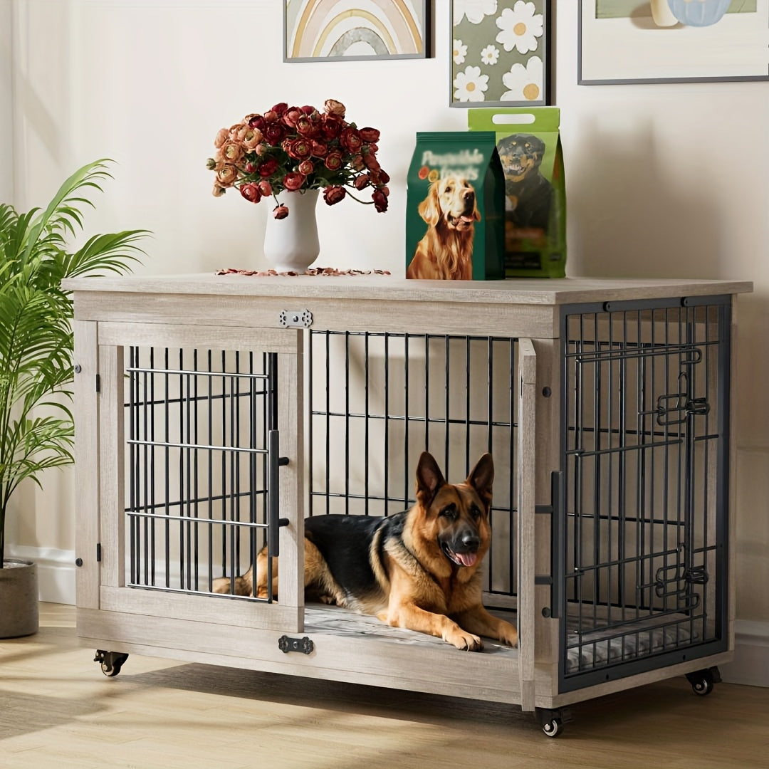 AOWOS Wooden Dog Crate With Anti Slip Mat And Lock