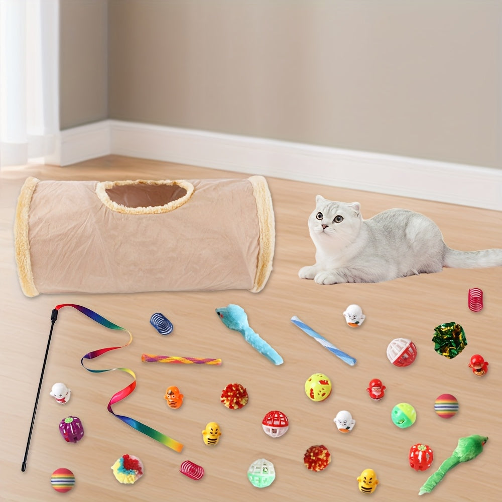 30 Piece Cat Toy Set Foldable Fleece Tunnel Teaser Wand Mouse Toys Bell Ball