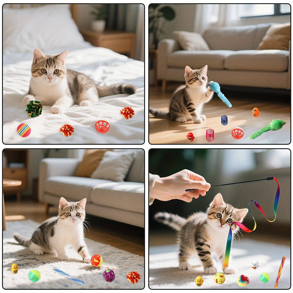 30 Piece Cat Toy Set Foldable Fleece Tunnel Teaser Wand Mouse Toys Bell Ball