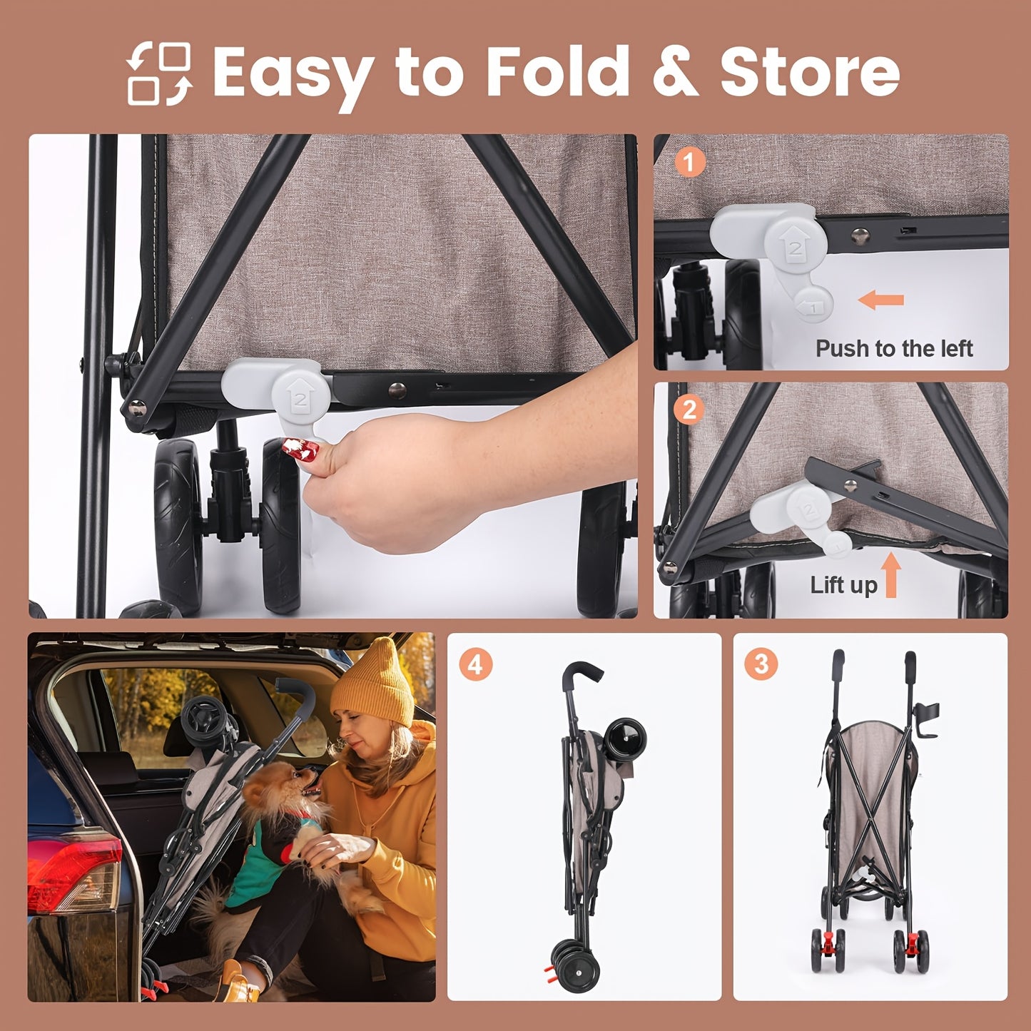 Heavy Duty Pet Stroller One Touch Folding Spacious Interior