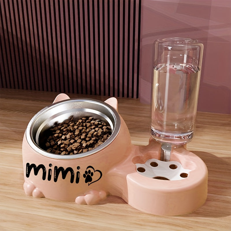 Custom Name Stainless Steel Cat Bowl With Water Dispenser
