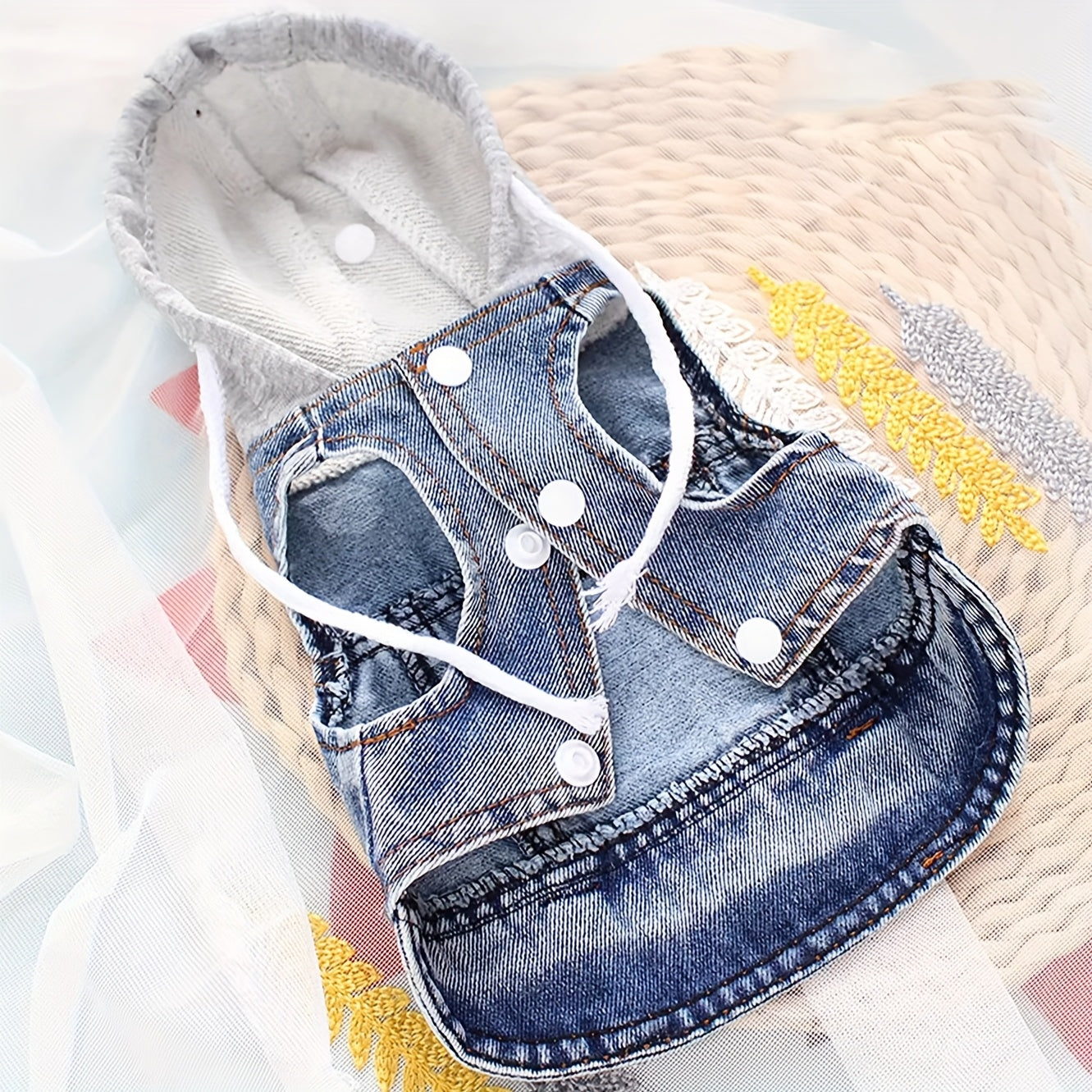 Trendy Denim Dog Vest with Adjustable Hat and Fleece Lining