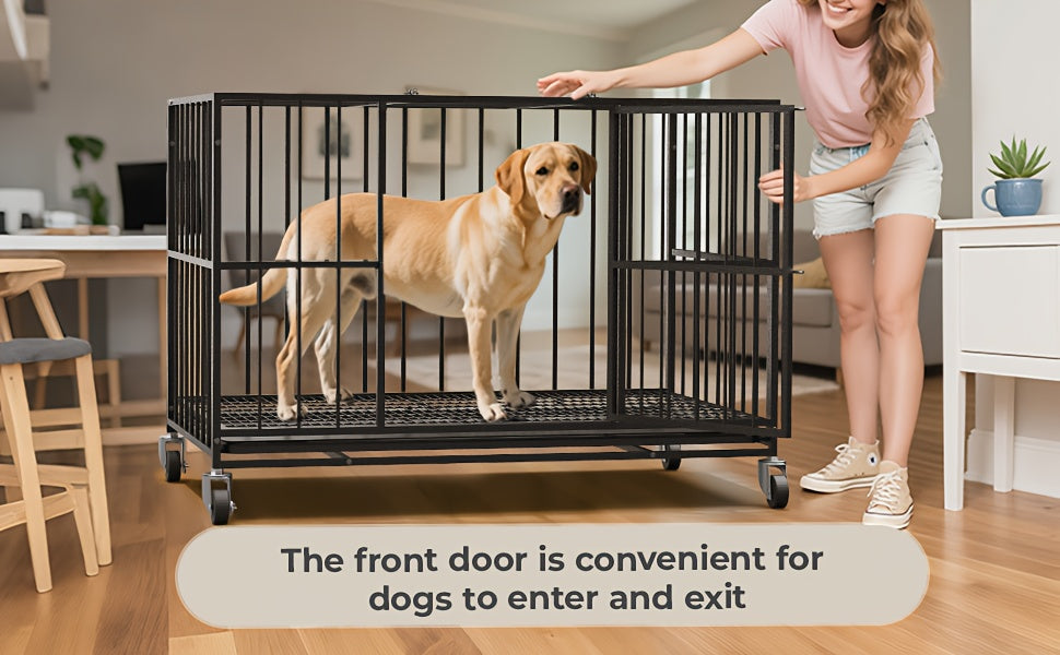 HIWOKK Heavy Duty Round Pipe Iron Dog Crate With Wheels And Removable Tray