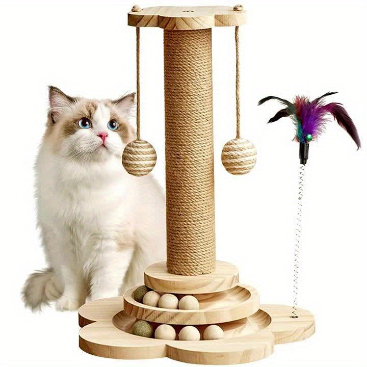 4 In 1 Wooden Cat Scratching Post With Interactive Toys