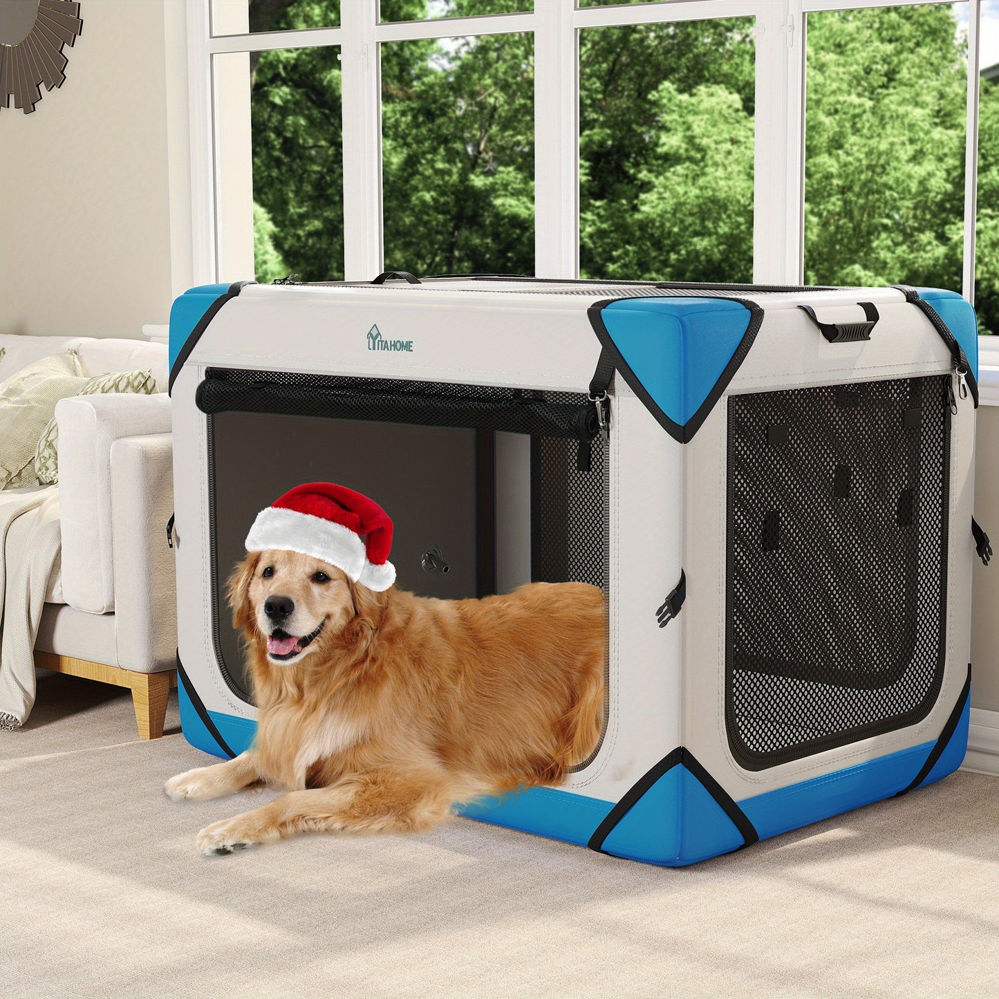 Collapsible 4 Door Portable Dog Crate for Indoor Outdoor Travel