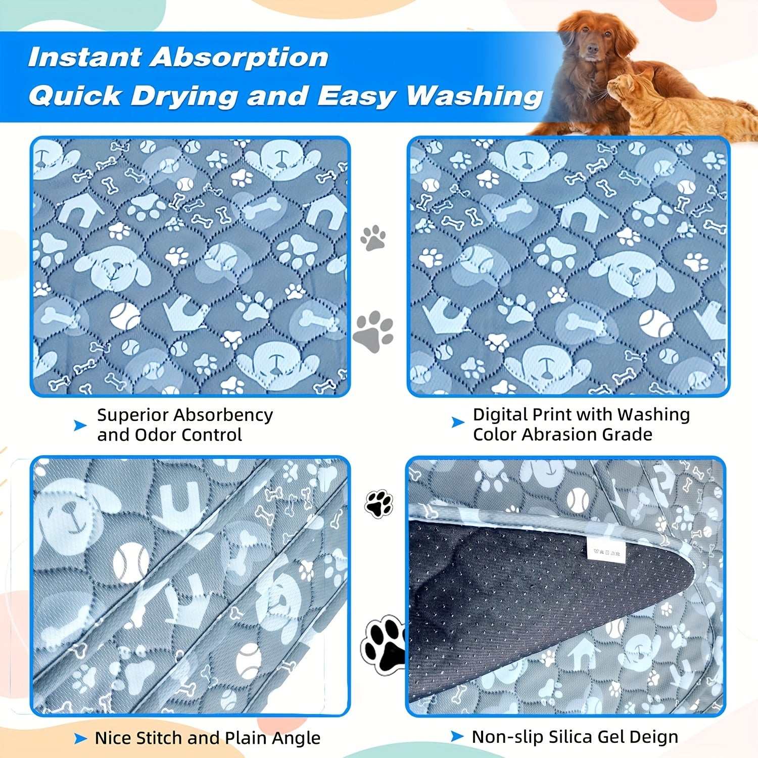 Pet Pee Pads, Washable And Reusable Dog Pee Pads, Absorbent Dog Bed Pad Mat With Non-Slip Bottom, Pet Potty Training Pad For Playpen, Crate And Floor