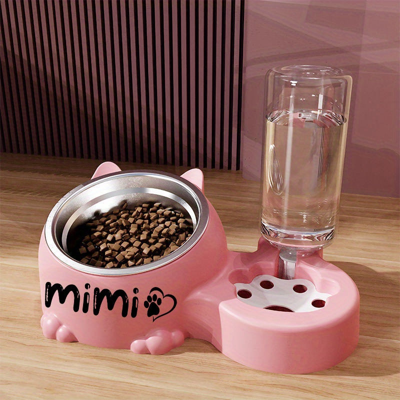 Custom Name Stainless Steel Cat Bowl With Water Dispenser
