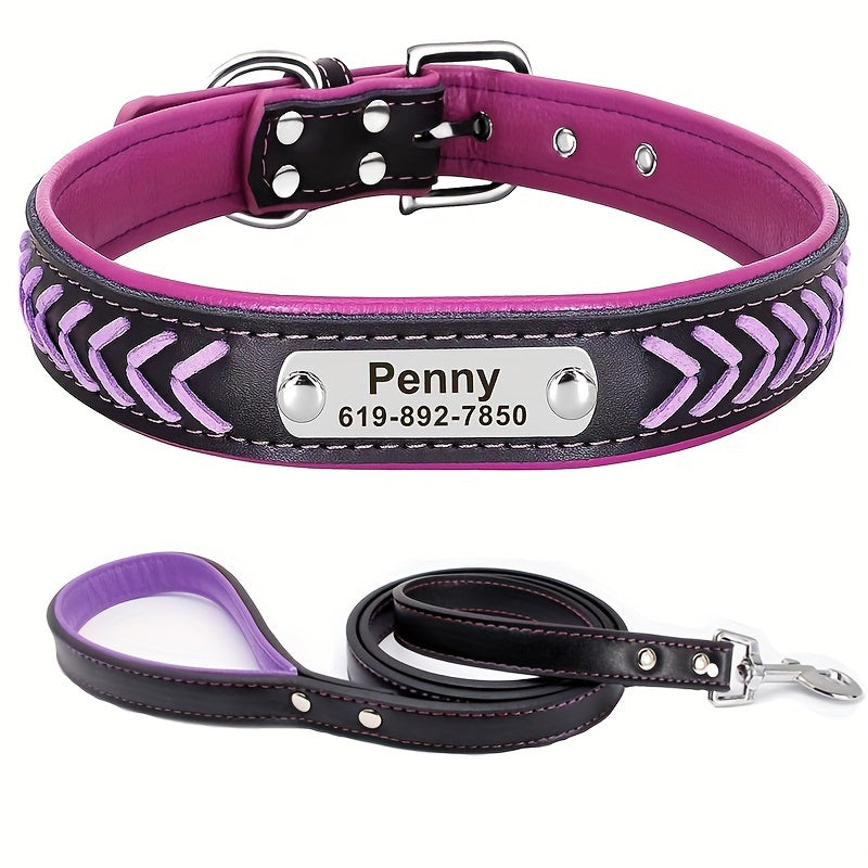 Personalized Leather Dog Collar And Leash Set With Engraving