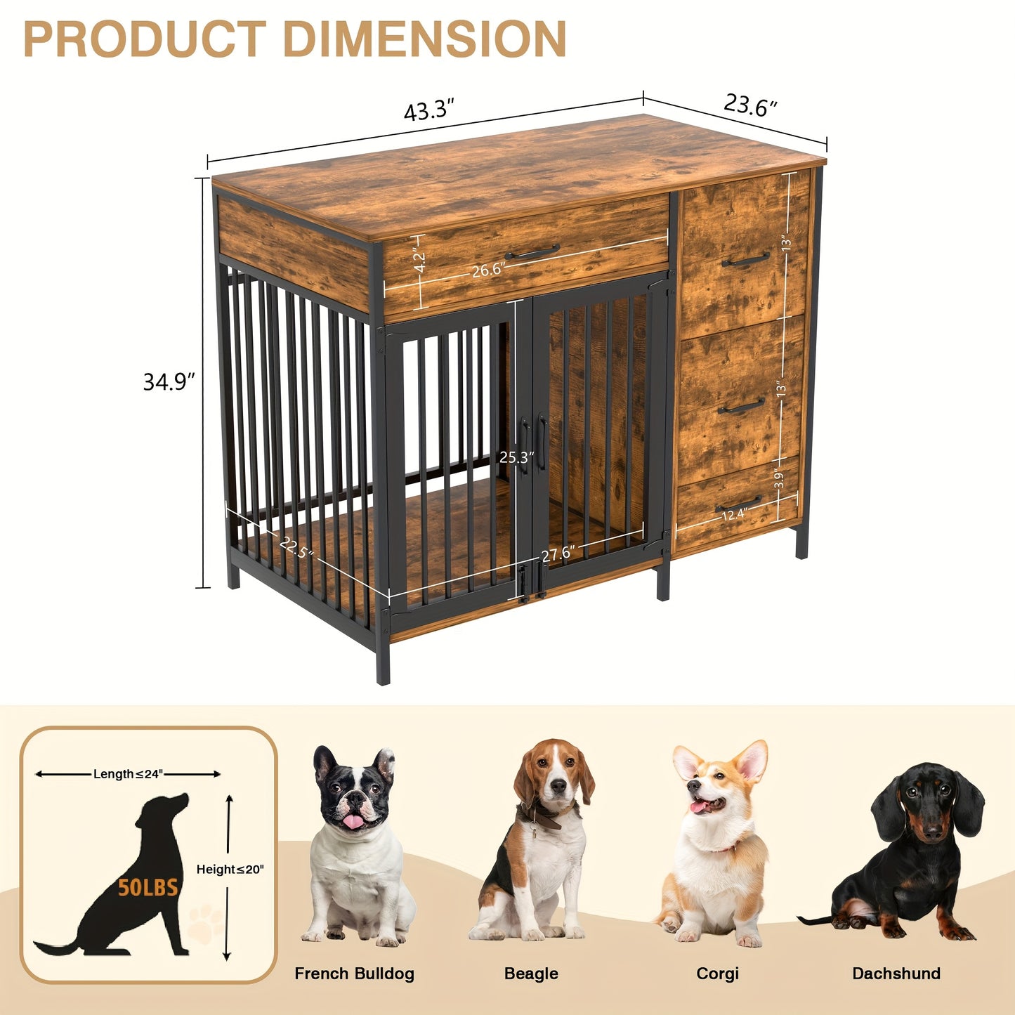 VECELO Dog Crate Furniture Indoor Kennel With Double Doors