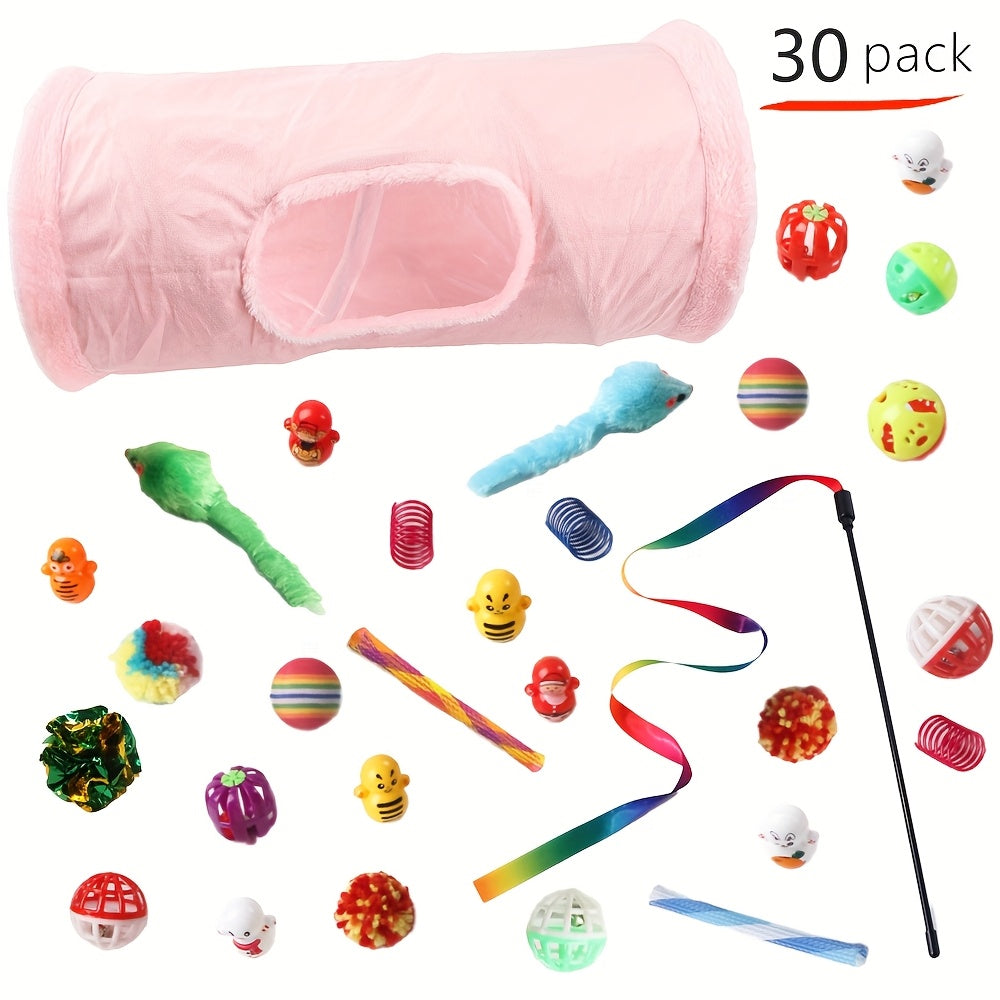 30 Piece Cat Toy Set Foldable Fleece Tunnel Teaser Wand Mouse Toys Bell Ball