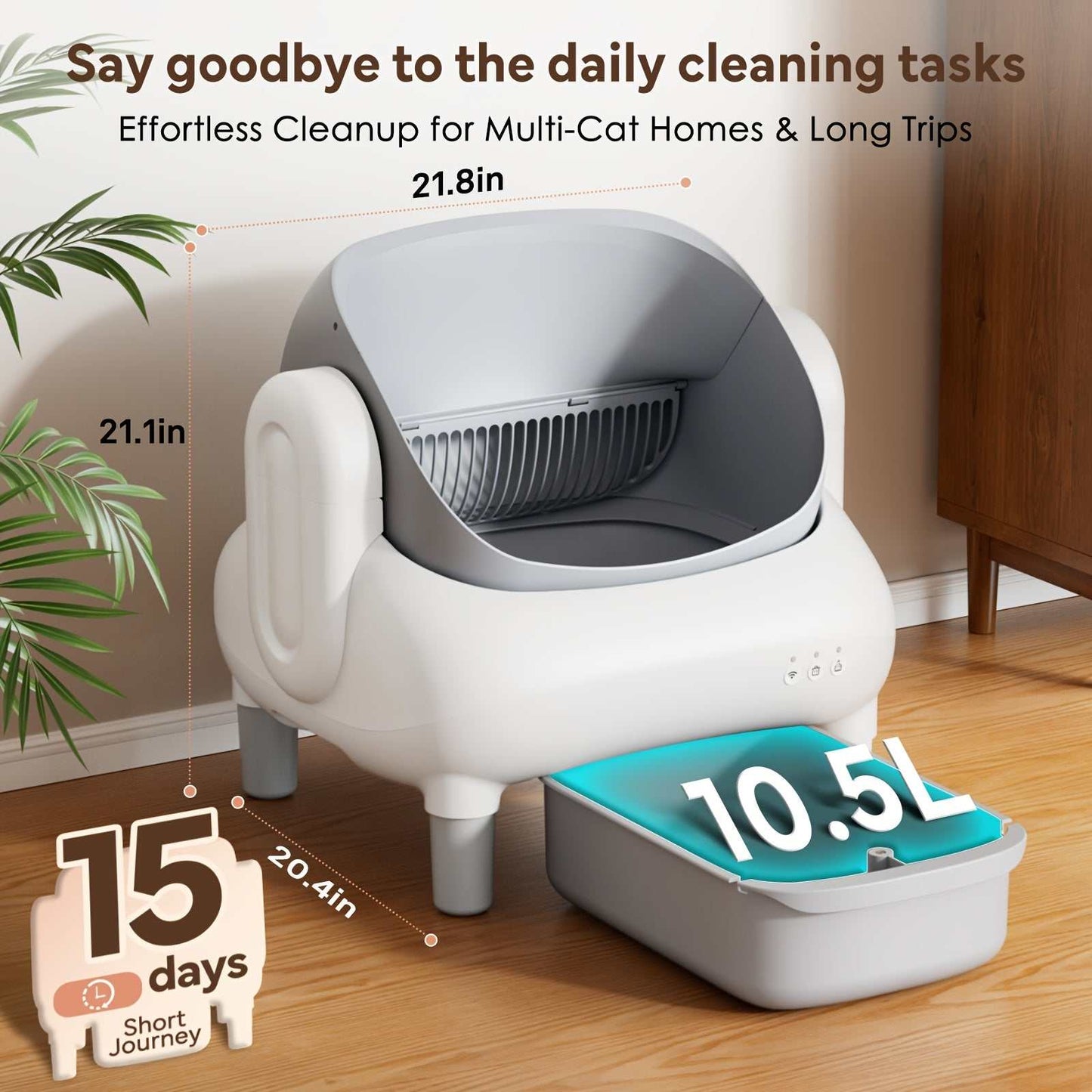 Self-Cleaning Cat Litter Box with App Control & Wi-Fi Connectivity, Large Capacity Open Design, Auto-Cleaning System, Safety Sensors, Plug-in Operation (US Plug 100-240V), Includes Garbage Bags, Modern & for Homes - Compatibl