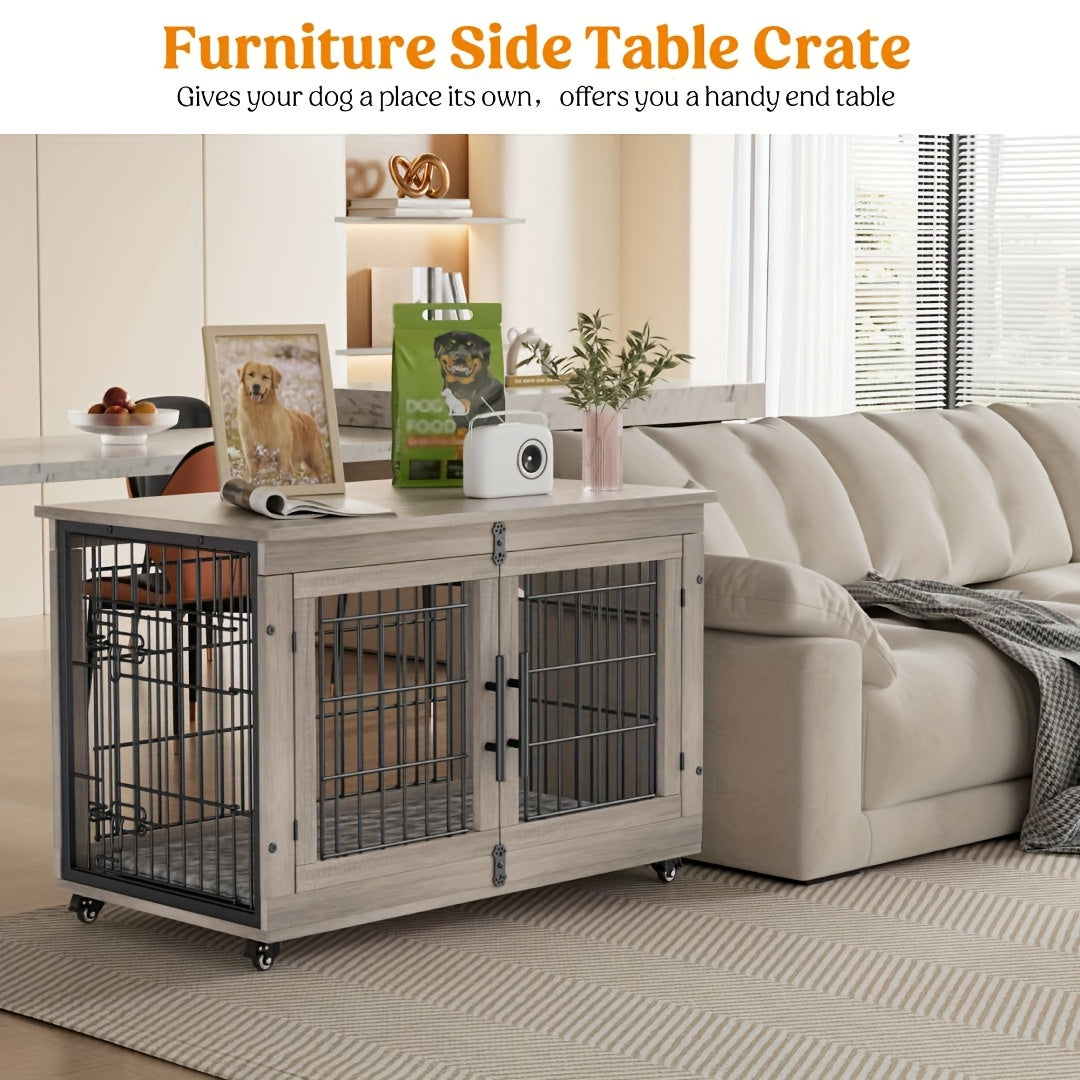 AOWOS Wooden Dog Crate With Anti Slip Mat And Lock