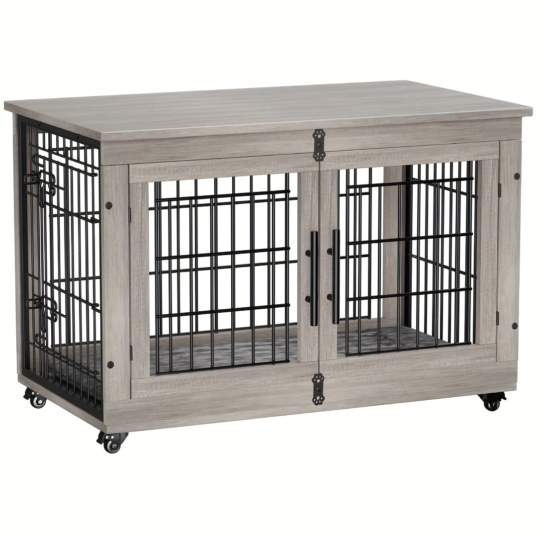 AOWOS Wooden Dog Crate With Anti Slip Mat And Lock
