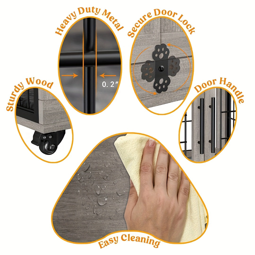 AOWOS Wooden Dog Crate With Anti Slip Mat And Lock