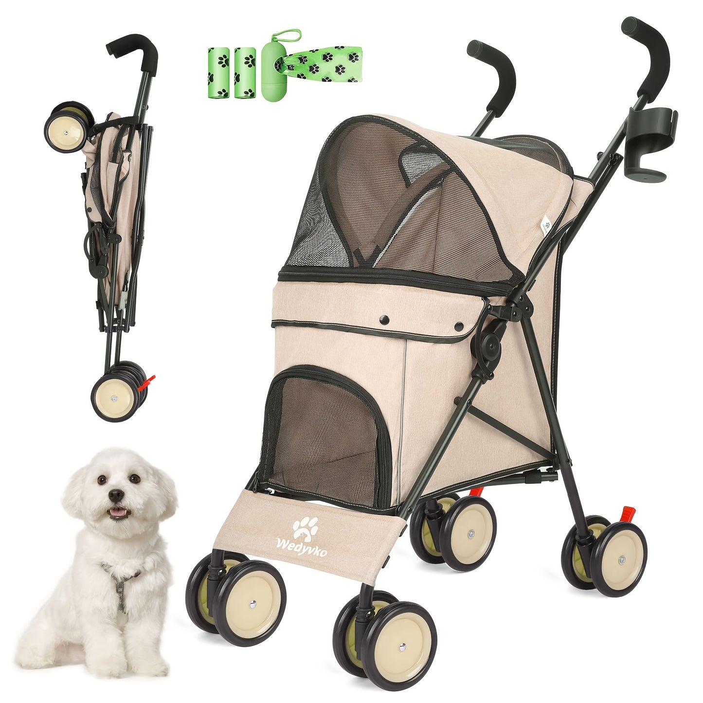 Wedyvko Dog Stroller With Storage Basket And Mesh Canopy