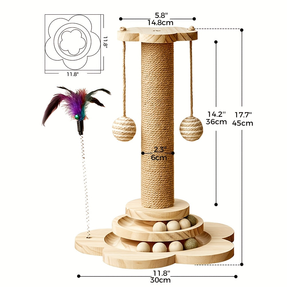4 In 1 Wooden Cat Scratching Post With Interactive Toys