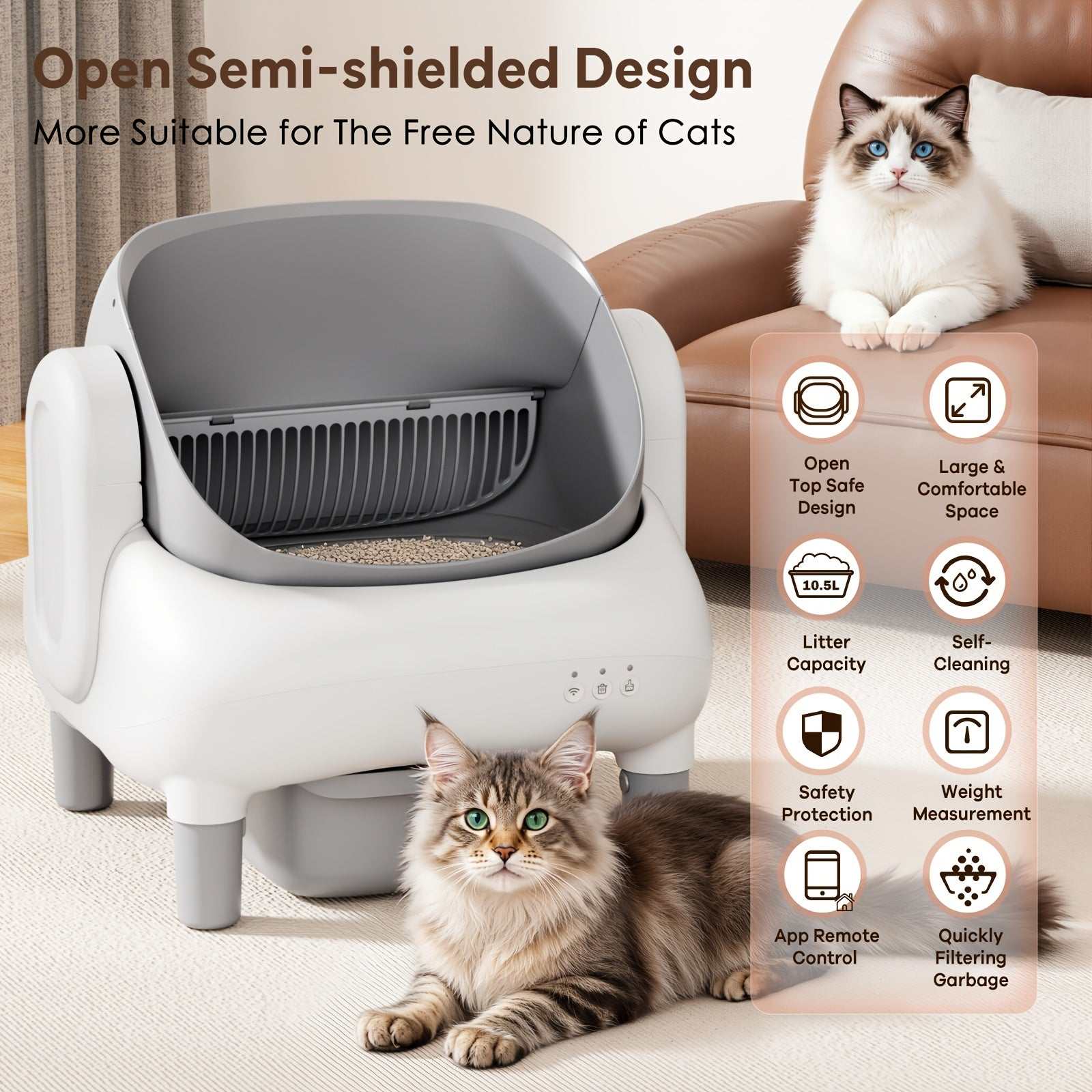 Self-Cleaning Cat Litter Box with App Control & Wi-Fi Connectivity, Large Capacity Open Design, Auto-Cleaning System, Safety Sensors, Plug-in Operation (US Plug 100-240V), Includes Garbage Bags, Modern & for Homes - Compatibl