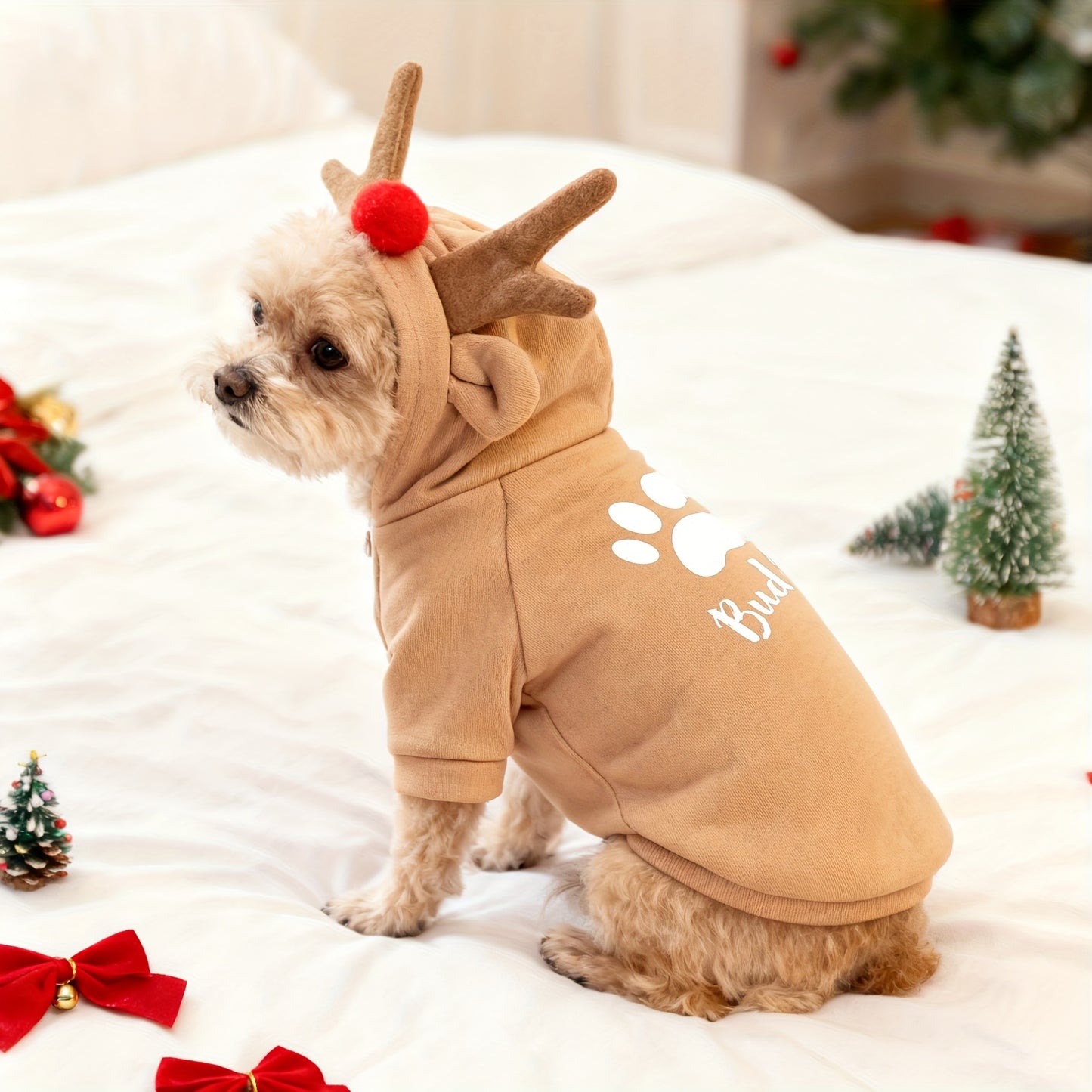 Christmas Dog Hoodie Reindeer Hat Design Pet Sweatshirt
