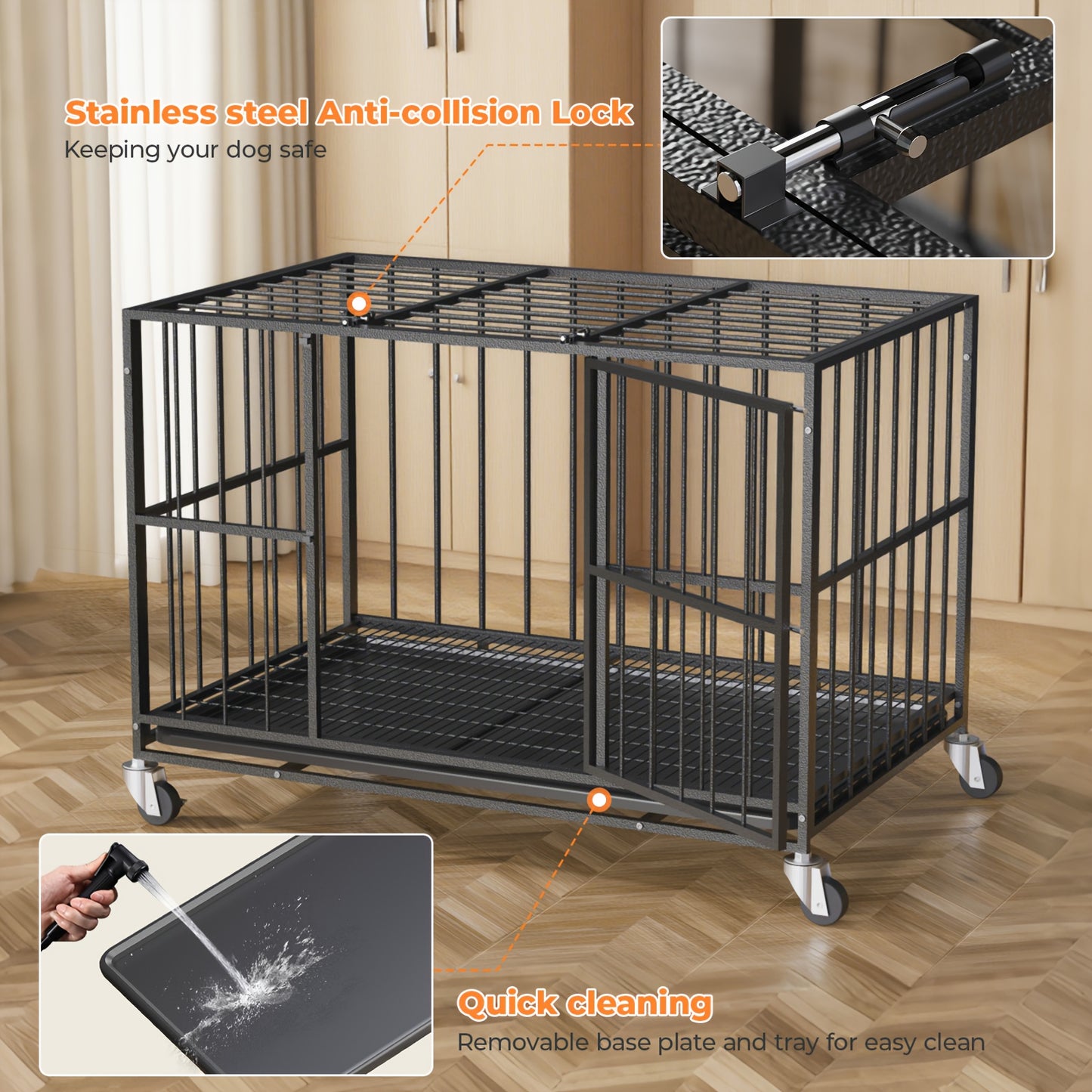 HIWOKK Heavy Duty Round Pipe Iron Dog Crate With Wheels And Removable Tray