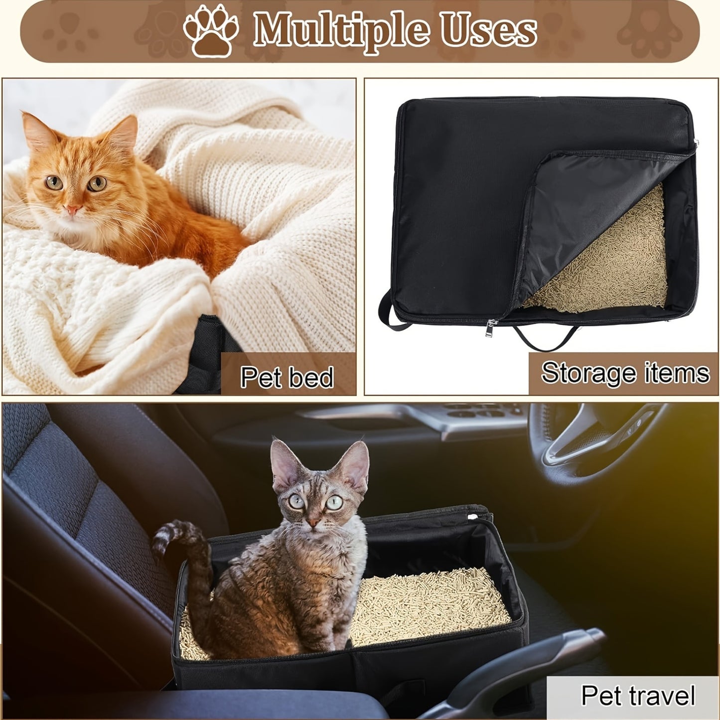 Portable Collapsible Cat Litter Box Zipper Lid for Travel