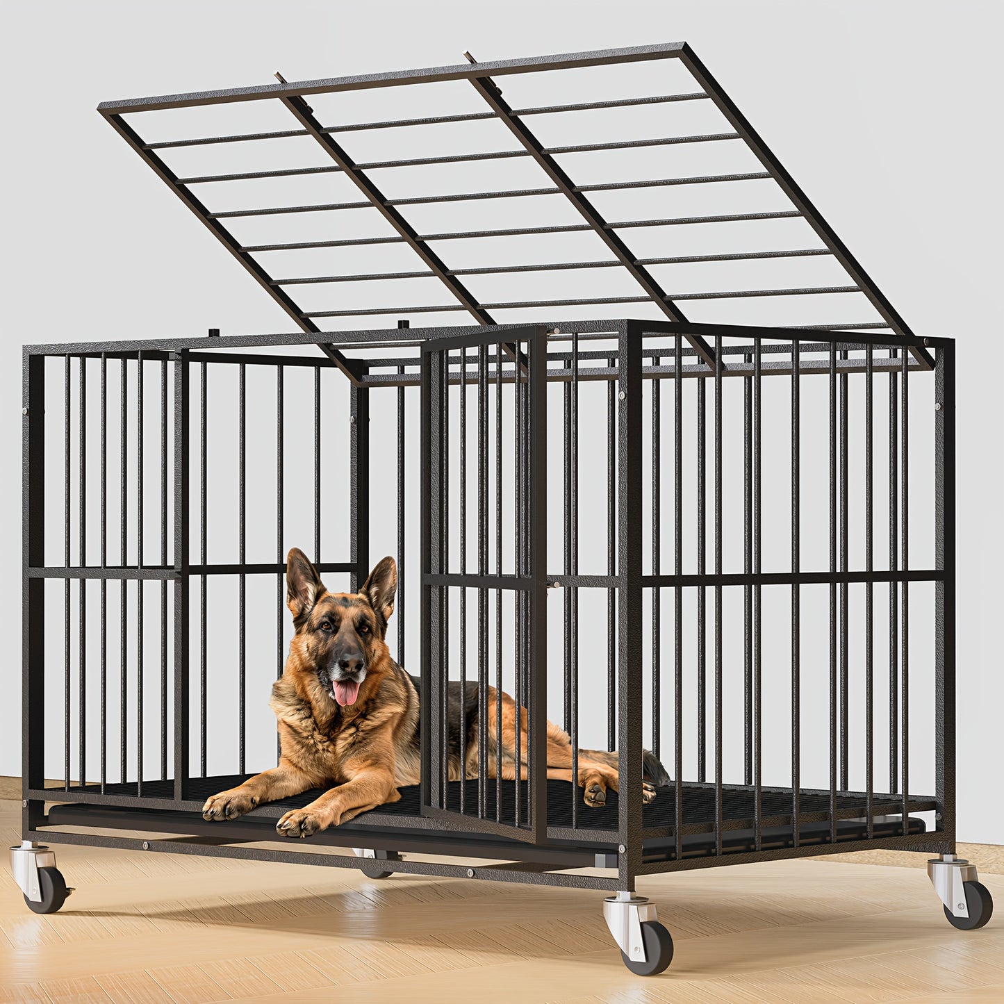 HIWOKK Heavy Duty Round Pipe Iron Dog Crate With Wheels And Removable Tray