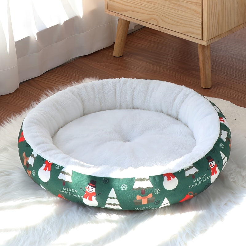 Cozy Winter Pet Bed With Poinsettia Snowman Print For Cats