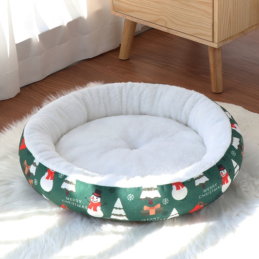 Cozy Winter Pet Bed With Poinsettia Snowman Print For Cats