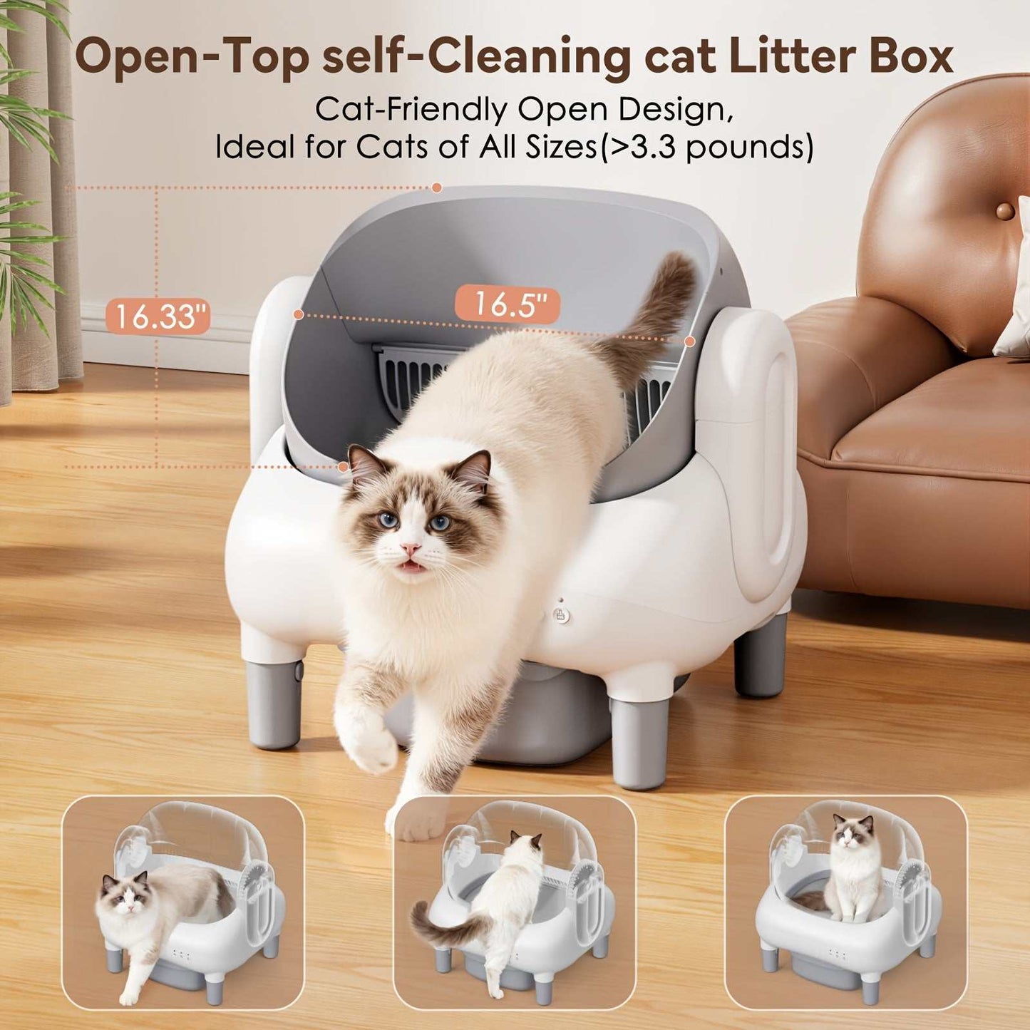 Self-Cleaning Cat Litter Box with App Control & Wi-Fi Connectivity, Large Capacity Open Design, Auto-Cleaning System, Safety Sensors, Plug-in Operation (US Plug 100-240V), Includes Garbage Bags, Modern & for Homes - Compatibl