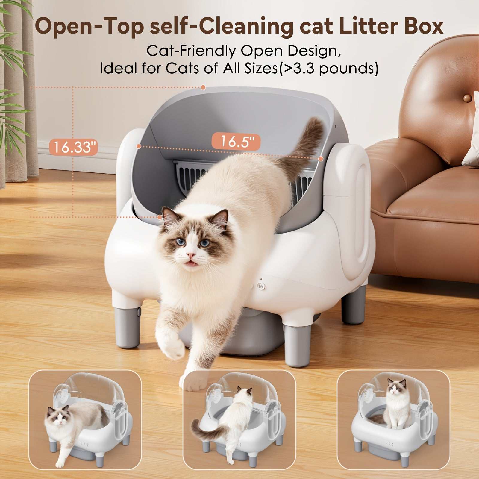 Self-Cleaning Cat Litter Box with App Control & Wi-Fi Connectivity, Large Capacity Open Design, Auto-Cleaning System, Safety Sensors, Plug-in Operation (US Plug 100-240V), Includes Garbage Bags, Modern & for Homes - Compatibl