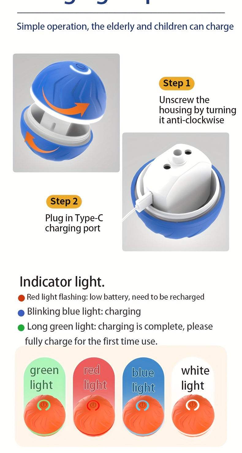 Smart Dog Teasing Ball, Interactive, Random Rolling & Jumping, Colorful Lights, Super Long 4-Hour Life, Includes Charging Cable & Manual, Multi-Surface Rolling & Jumping, Suitable for Tile Floors, Lawns, and Carpets