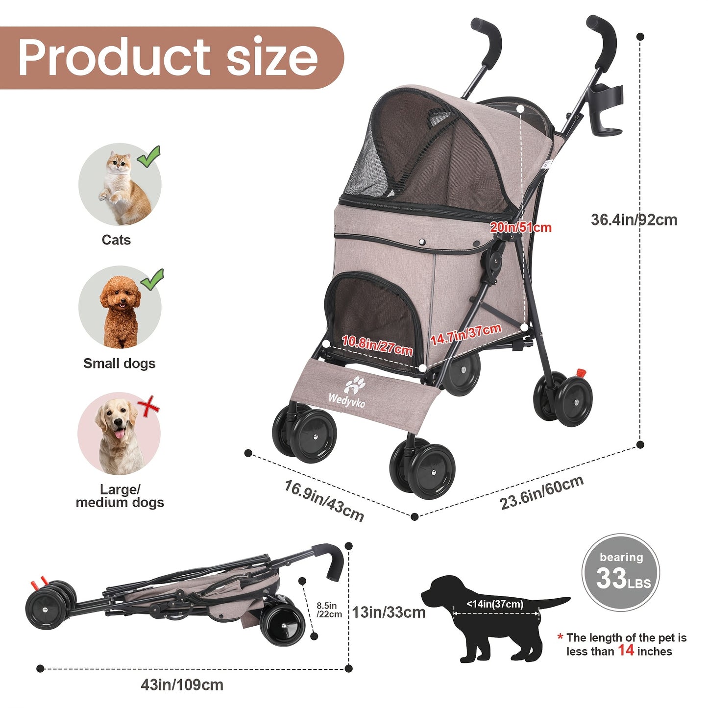 Heavy Duty Pet Stroller One Touch Folding Spacious Interior