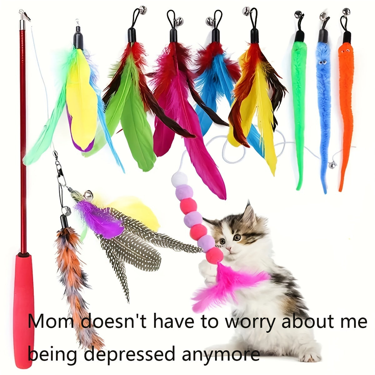 Interactive Cat Wand Toy With Retractable Feather Refills