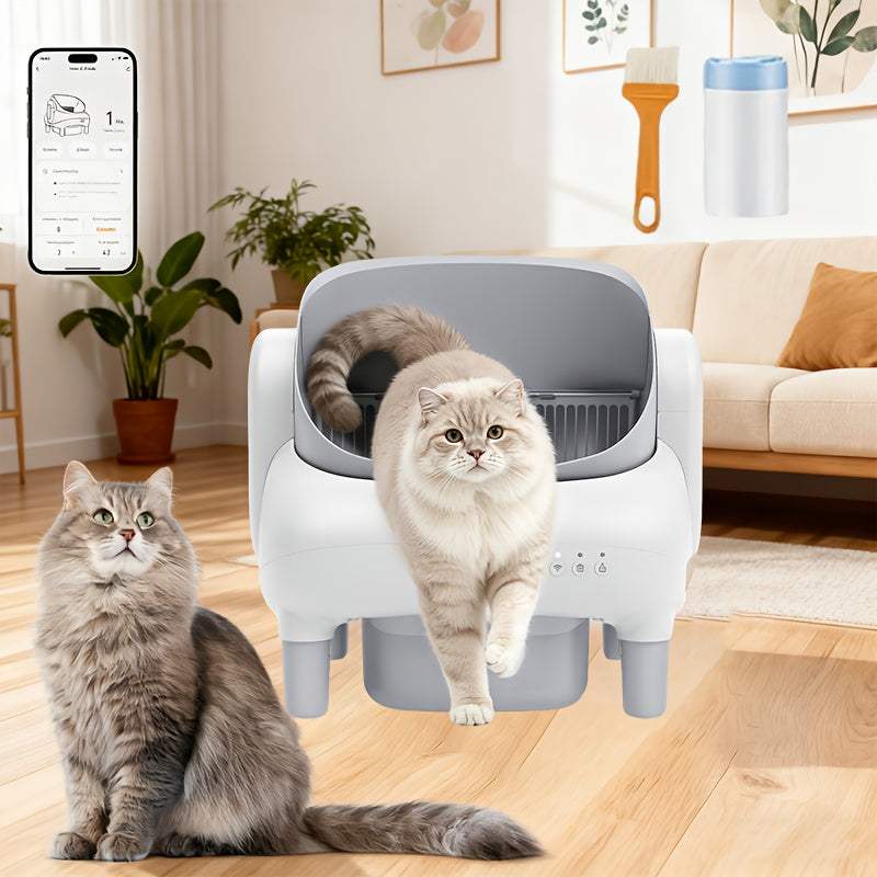 Self-Cleaning Cat Litter Box with App Control & Wi-Fi Connectivity, Large Capacity Open Design, Auto-Cleaning System, Safety Sensors, Plug-in Operation (US Plug 100-240V), Includes Garbage Bags, Modern & for Homes - Compatibl